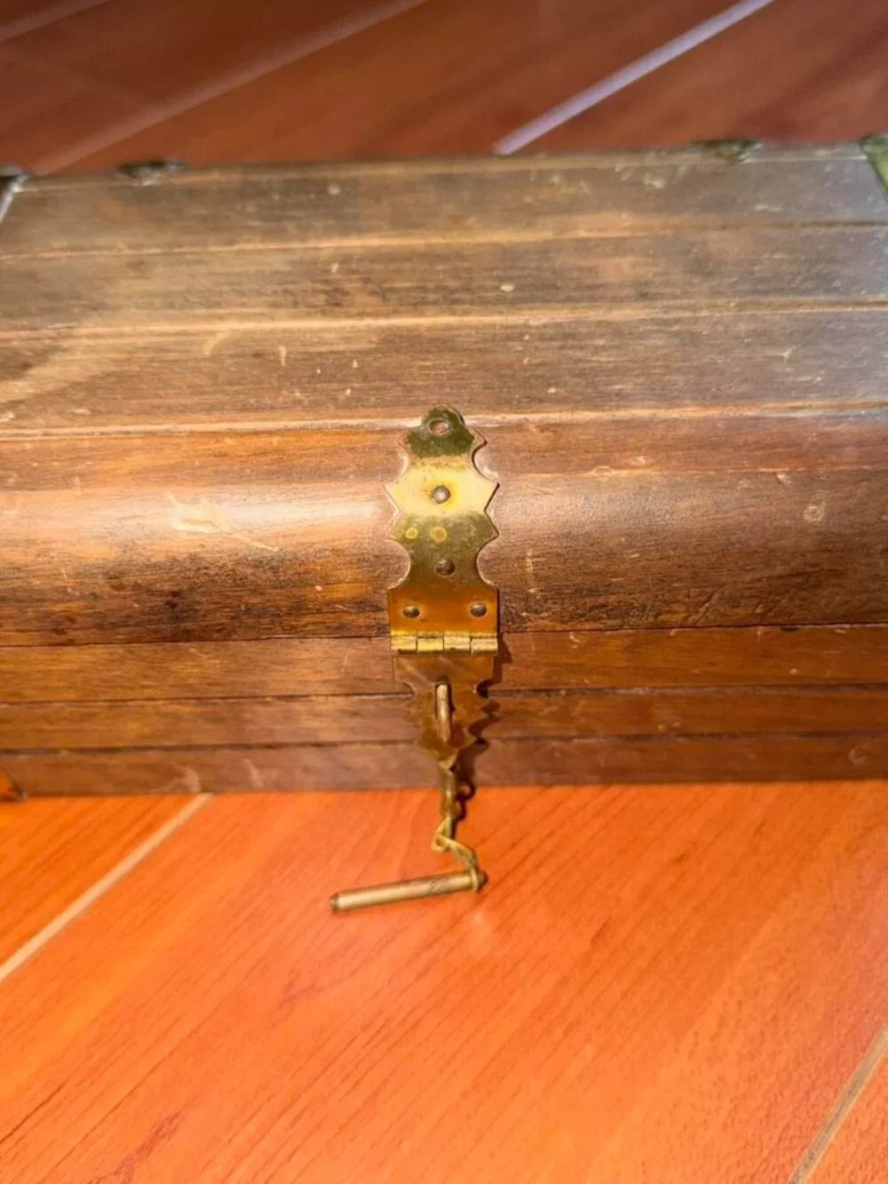 Vintage Wooden Jewelry Box Chest Gold Latch Red Lining